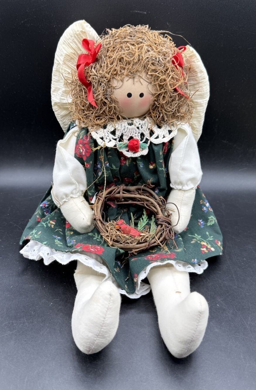Country Christmas Rag Doll Angel Shelf Sitter Holding Cardinal Wreath C36
